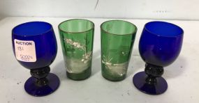 Mary Gregory Green Glasses and Cobalt Blue Cups