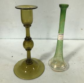 Pontil Amber Candle Stick and Green Slim Stem Vase