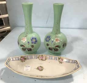 Pair of Art Glass Vases and Nippon Hand Painted Dish