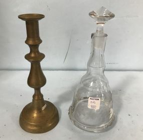 Brass Candle Holder and Grapevine Clear Glass Decanter