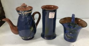 Three Torquay King Fisher Blue Pitcher, Basket, and Spoon Holder