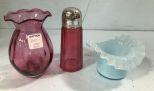 Small Cranberry Vase and Light Blue Small Hat, Cranberry Sugar Shaker