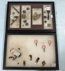 Small Cases of Civil War Artifacts and Shark Teeth, Cork Screws, Pins