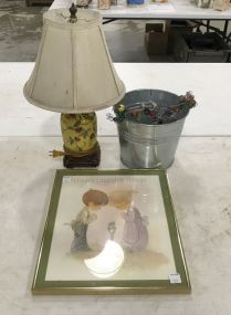 Metal Bucket, Ceramic Table Lamp, Precious Moments Print