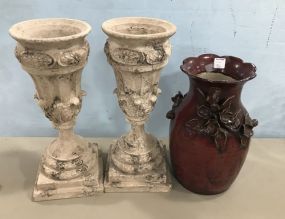 Two Resin Column Urns and Ceramic Decor Vase