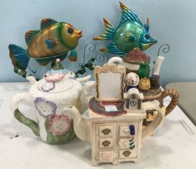 Collection of Hand Painted Ceramic Tea Pots and Metal Art Fish Decor