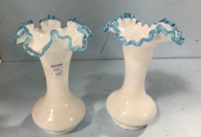 Two Fenton Blue Crest Top Vases
