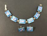 Vintage Sterling Enamel Rose Design Bracelet and Earrings