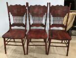 Three Painted Red Pressed Back Chairs