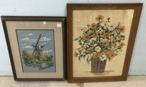 Two Needle Work Windmill and Flower Vase