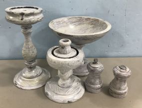 Painted White Compote, Candle Holders, and Salt & Pepper