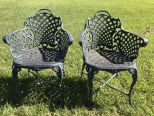 Two Ornate Aluminum Outdoor Arm Chairs