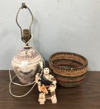 Asian Figurine, Hand Painted Table Lamp, and Woven Basket