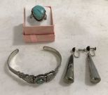 Vintage Silver Tone Bracelet, Earrings, and Turquoise Ring