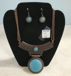 Deco Style Coppertone and Turquoise  Necklace & Earrings Set