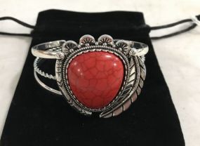 Red Faux Stone Silvertone Cuff Bracelet