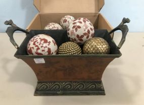 Group of Decorative Balls and Small Tin Planter