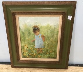 Oil Painting on Board of Little Girl in Field