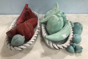 Two Painted Pottery Fruit and Bowl Decor