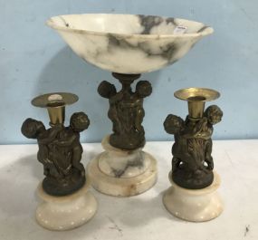 Vintage Cherub Alabaster and Brass Compote and Candle Holders