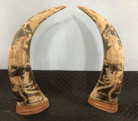 Vintage Mid Century Japanese Carved Ox Horns 
