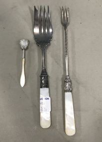 Mother of Pearl Sterling Band Meat Fork, Pickle Fork, and Scoop