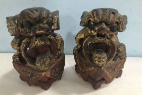 Pair of Chinese Wood Carved Foo Dogs