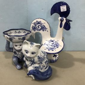 Blue and White Pottery Rooster, Monkey, Cat.