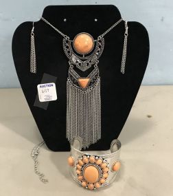 Deco Style Fuax Orange Stone Necklace and Cuff Bracelet