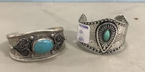 Two Ornate Metal Faux Turquoise Bracelets