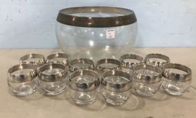 Clear Glass Silver Rim Punch Bowl and Cups