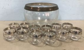 Clear Glass Silver Rim Punch Bowl and Cups