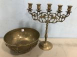 Brass Hong Kong Fruit Bowl and Brass Candelabra