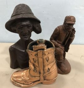 Two Carved Figures and Brass Boot