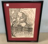 Pen Drawing of Lady and Building by Beth