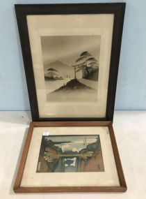 Two Oriental Block Print and Asian Landscape Print