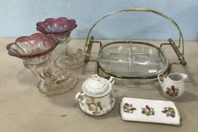 Vintage Serving Tray, Porcelain, and Ruby Red Horn Vase