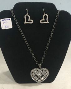 Silver Tone Chain with Heart and Pair of CZ Heart Earrings