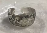 Etched Silver Tone Floral Pattern Cuff Bracelet