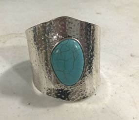 Large Faux Turquoise Stone Silver Tone Metal Cuff Bracelet