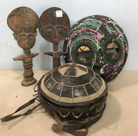 Old African Basket, Wood Ashainti Fertility Dolls, and Large African Beaded Mask