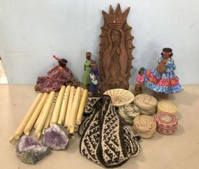 Hand Carved Tarahumara Mask, Small Papaqo Basket, Hand Carved Bark Dolls, Flutes.