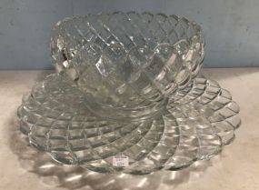 Vintage Diamond Pattern Glass Punch Bowl and Underplate