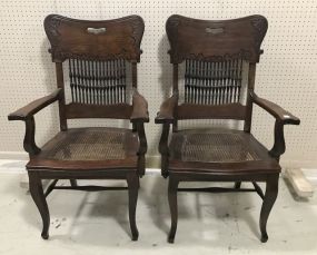 Pair of Vintage Oak Pressed Back Arm Chairs