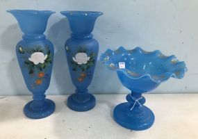 French Blue Bristol Glass Console Set