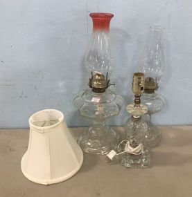Two Clear Glass Oil Lamps and Clear Glass Small Table Lamp