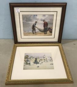 Beach Scene Print and Fisherman Watercolor