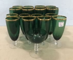 Set of Green Glass Gold Rim Stemware