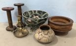 Porcelain Bowl, Wood Bowl, Pottery Vase, Wood Spools, and Candle Holders