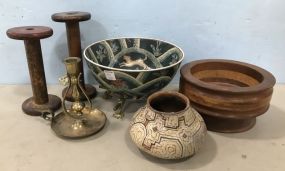 Porcelain Bowl, Wood Bowl, Pottery Vase, Wood Spools, and Candle Holders